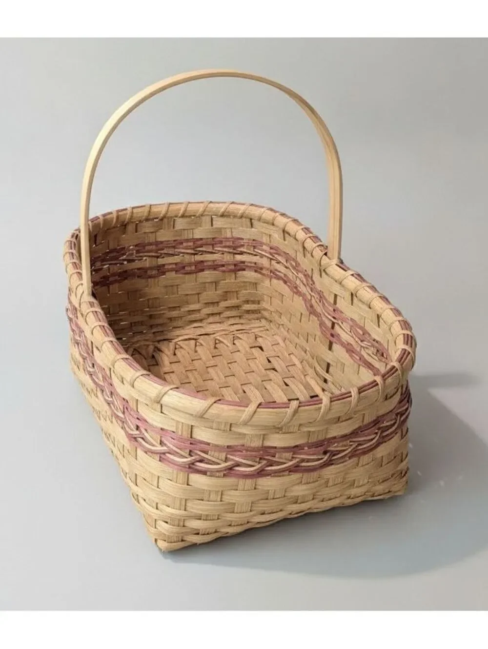 Vintage Handmade Hand-Painted Woven Splint Basket w/ Mauve Accent Weave 11